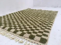 فرش شطرنجی سبز زیتونی فرش مراکش سفارشی مراکش |  اتسی