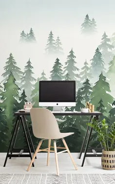 نقاشی دیواری کاغذ دیواری آبرنگ سبز درخت درخت سیلوئت |  هوویا