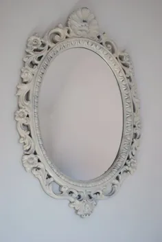 آینه بزرگ ، عتیقه سفید و بیضی شکل آراسته تزئینی