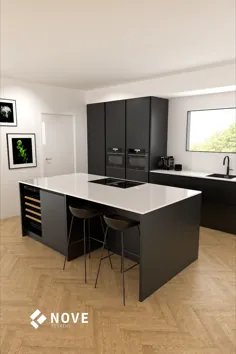 نوو کیوکنز |  Mat zwarte keuken met wit composiet werkblad