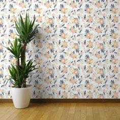 Floral Wallpaper Wallpaper Florals Peach Navy Blue Mint توسط |  اتسی