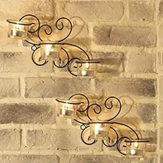 روبان های TIED مجموعه ای از 2 عدد دیوار آویز نگهدارنده شمع شمع مخصوص دیوار دیواری فلزی با لیوان های شیشه ای و شمع های مخصوص نور دکوراسیون منزل اتاق نشیمن بالکن اتاق تخت (مجموعه ای از 2 عدد)