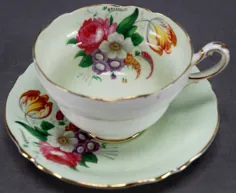 فنجان و نعلبکی چای سبز کم رنگ گل رز صورتی پاراگون و چند رنگ |  eBay