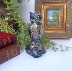 Fenton Iridescent Blue Carnival Glass Owl Paperweight Vintage |  اتسی