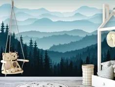 Abnehmbare Peel 'n Stick Wallpaper ، selbstklebende Wandbild ، 3D Berg Wandbild ، مهد کودک • Ombre Blue Mountain Pine Waldbäume