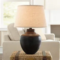 Barnes and Ivy Rustic Table Lamp Hammered Bronze Metal Pot Beed Linen Drum Shade for اتاق نشیمن اتاق خواب اتاق خواب خانواده - Walmart.com