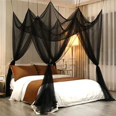 تختخواب مشکی مشکی لوتوس کارن 8 - پرده تخت 4 درب سبک منحصر به فرد - 90 "W 90" L90 H - پیشنهاد شده برای تختخواب کامل ملکه دوقلو
