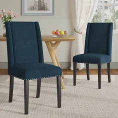 صندلی های ناهار خوری پارچه ای JustRoomy با تر و تمیز سر ناخن ، مجموعه ای از 2 صندلی مدرن آشپزخانه صندلی های جانبی بدون بازو با قاب چوب جامد ، مبلمان اتاق ناهار خوری ، آبی سرمه ای