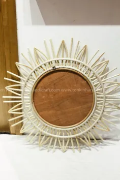 آینه گرد خیزران / بامبو White Sunburst ، دست ساز ، دکوراسیون طبیعی طبیعی ، تجهیزات آرایشی و تزئینی منزل آینه گرد آینه آویز دیواری