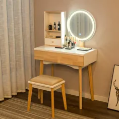 میز توالت آرایش YOURLITE با 3 حالت آینه روشن قابل تنظیم صندلی بالشتک ، میز آرایش برای فضای کوچک