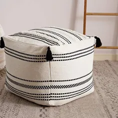 Stripe Morocco Tufted Boho Pouf Decorative Unstuffed - Black Off White Casual Pouf Pouf Puff with Tassels Big، Neutral Foot Rest / Cover Cushion Only for اتاق نشیمن اتاق خواب، 18 "x18" x16 "