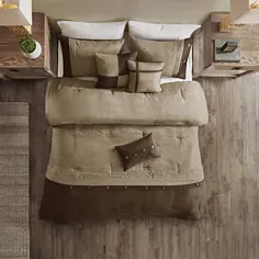 مدیسون پارک Boone Comforter Set-Rustic Cabin Lodge Faux Suede Suede Design All Season Down Alternative Cozy Bed with Matching Sirtkirt، Shams، بالش تزئینی، Queen (90 "x90")، Brown 7 Piece