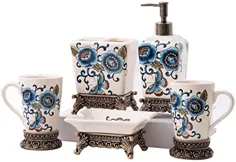 ست لوازم جانبی حمام Tellgoy European Retro Ceramics ، مجموعه لوازم لوکس حمام 5 عددی ، شامل لیوان مسواک ، تلگراف صابون و ظرف صابون ، Tumbler ، A