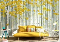 سبک آمریکایی کاغذ دیواری رنگی از رنگ گرم زرد توس ، دیوار نقاشی دیواری درختان ، اتاق نشیمن یا دی