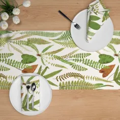 دونده میز سفید گیاه شناسی - گیاه برگ سبز سرخس - ایده های تزیین میز طبیعت - اتاق غذاخوری