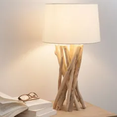 Lampe NIRVANA aus Treibholz mit Lampenschirm aus Baumwolle، H 55 سانتی متر
