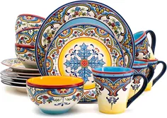 مجموعه 16 پارچه غذاخوری Euro Ceramica Zanzibar مجموعه آشپزخانه و غذاخوری ، سرویس 4 نفره ، طرح گل اسپانیایی ، چند رنگ ، آبی و زرد