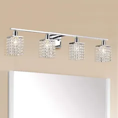 کریستال نوار سبک Vanity Vanity مناسب برای مناطق حمام.  دیوارکوب 4 چراغ با سایه های مربع روشنایی کافی را فراهم می کند.  آینه آینه ای 35 "Chrome Glam احساس مدرنی ایجاد می کند. ایده های روشنایی حمام خانگی