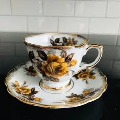 فنجان چای خوری و بشقاب چینی استخوان ظریف گل سرخ گل های زرد طلایی با برگ های قهوه ای تر و تمیز خانه غذای مجلسی آشپزی |  Carol's True Vintage و عتیقه جات