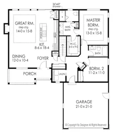 طرح خانه Ranch Style - 2 تختخواب 2 حمام 1408 Sq / Ft Plan # 1010-178