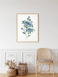 گلدان گل صد تومانی مجموعه چاپ آبرنگ 3 گل آبی سرمه ای |  اتسی