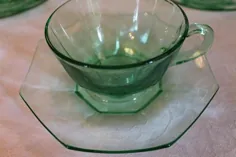ست 5 فنجان و تطبیق چای سبز شیشه ای Moongleam Heisey |  اتسی