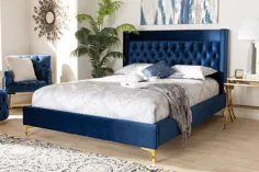 Baxton Studio Valery پارچه مخملی پارچه مخمل خواب دار مدرن و معاصر تختخواب سفارشی تختخواب با پایه های طلای ساخته شده - BBT6740-Navy Blue-King