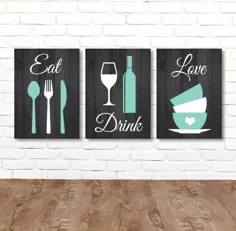 Eat Drink Love Art Wall آشپزخانه ، Eat Drink Love Love یا Canvas آشپزخانه نقل قول تزیین دیوار ، اتاق ناهار خوری دکور دیوار مجموعه ای از 3 عکس آشپزخانه