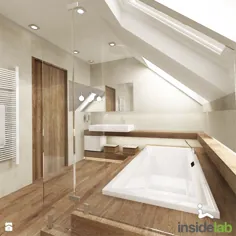 DOM Z KOMINKIEM - Duża beżowa łazienka na poddaszu w domu jednorodzinnym jako salon kąpielowy z oknem، styl nowoczesny - zdjęcie od Insidelab