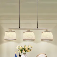 پارچه سبک آویز دایره معاصر 3 لامپ روشنایی جزیره آشپزخانه روشن در کتان با چراغ های جزیره لبه بافته شده