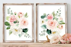 مجموعه ای از 2 تابلو صورتی و نعناعی دسته گل آبرنگ آبرنگ - شامل 4 اندازه از جمله پوستر 16x20 اینچ