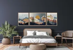 اتاق خواب مستر بالای دیوار تختخواب ، دیوار هنر زیبایی ، مجموعه هنرهای دیواری آبی دریایی از 3 دکور دیوار قابل چاپ