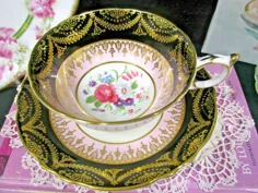 لیوان چای PARAGON و بشقاب فنجانی مشکی و صورتی گلدان رز توری طلای طلایی انگلستان 1950