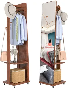 آینه لباس خواب تمام طول اتاق خواب با دندانه دار ، آینه کف ایستاده آزاد ، آینه بزرگ تمام بدنه 67 "x 18" با میله آویزان چوب ، قلاب ، قفسه ها ، چرخ ها (قهوه ای)
