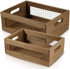 مجموعه ای از 2 سبد آشپزخانه تو در تو - جعبه های چوبی سازگار برای آشپزخانه ، حمام ، انبار |  برای میوه ، سبزیجات ، تولید ، نان و فضای ذخیره سازی عمومی |  سیم تزئینی چوبی و فلزی