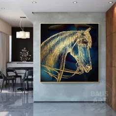 چاپ شده با اسب طلای Horse Wall Art Modern Animal Large |  اتسی