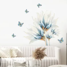 پروانه های پاستل آبی گل استوایی دیواری دیواری وینیل پی وی سی قابل جابجایی