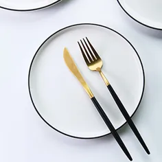 بشقاب غذاخوری چینی EAMATE 10 اینچ - بشقاب غذاخوری کلاسیک گرد سفید با حاشیه سیاه - برای سالاد ، میوه ، استیک ، ماکارونی - مجموعه 4 عددی