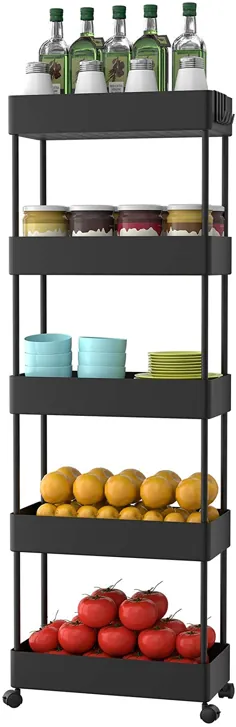 SOGA Life 5 Tier Slide Out سبد ذخیره سازی برای آشپزخانه Slim Rolling سودمند سبد خرید قفسه بندی موبایل سازمان دهنده برای ستایش اتاق حمام فضای باریک ، سیاه