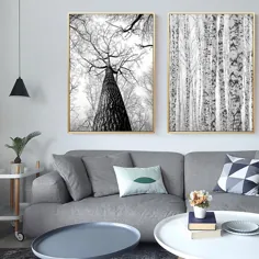 سیاه و سفید دیوار زمستانی اسکاندیناوی دیوار هنر Woodland Nature گوزن نقره توس نقاشی بوم چاپ