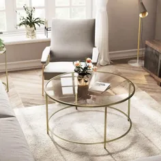 میز قهوه شیشه ای بزرگ طلایی با قاب فلزی |  اتسی