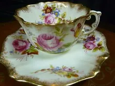 فنجان چای HAMMERSLEY VICTORIAN و SAUCER H P FLORAL گل رز صورتی LUSH GILT c1898