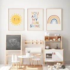 مجموعه ای از 3 چاپ You Are My Sunshine، دکوراسیون اتاق کودکان، هنر خنثی دیوار رنگین کمان، دکوراسیون مهد کودک Rainbow، هنر دیواری قابل چاپ، دیوار آفتابی Sunshine