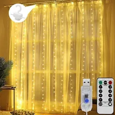 چراغ های رشته ای پرده پنجره ، 300 LED 8 حالت روشنایی چراغ های پری کنترل از راه دور USB ، چراغ های ضد آب برای Chrismas اتاق خواب مهمانی عروسی خانه باغ باغ دیوار در فضای باز داخلی گرم سفید