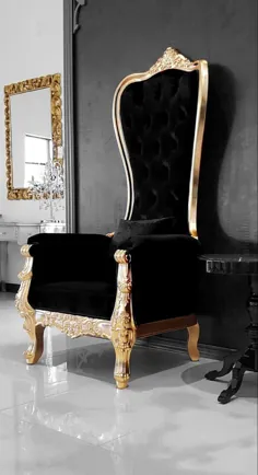 صندلی تاج و تخت باروک صندلی پشت بلند Queen Queen در قاب طلای مخملی مشکی