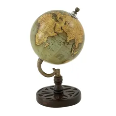 صفحه نمایش LITTON LANE Globe Old Globe ، گلوب آنتیک سبز و قهوه ای با پایه حک شده 5 اینچ x 9.35 اینچ.