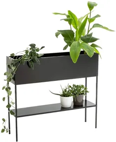 پایه گیاهی آهن فرفورژه ، سبک نوردیک ، جعبه گیاهان مستطیلی برجسته داخلی ، دارنده پایه گلدان گلدار با قفسه ، قاب فلزی سیاه