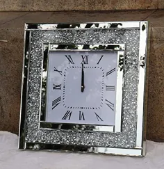 ساعت دیواری آینه ای بزرگ آینه ای تزئینی Crystal Sparkle Twinkle Bling Square Crush Diamond Mirror برای دکوراسیون دیوار  باتری AA گنجانده نشده است.