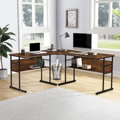 میز L شکل با قفسه های پایین کتاب و پایه CPU |  اتسی
