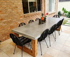 میز ناهار خوری بتونی سفارشی 2.7 متری 8 تا 10 نفره با پایه چوب سفارشی ، پاسیوی بتونی دست ساز در فضای باز / میز داخلی.